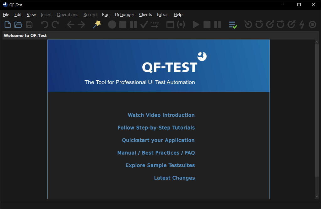 En mode sombre : QF-Test Automatisation des tests Écran de bienvenue