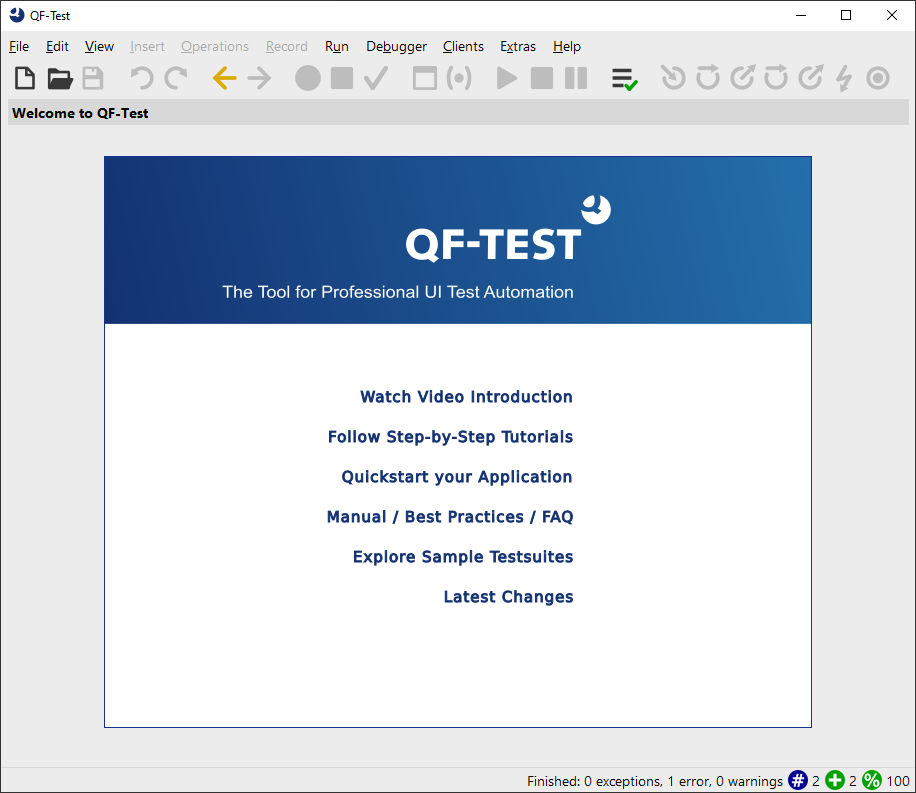 QF-Test Test automation Welcome screen