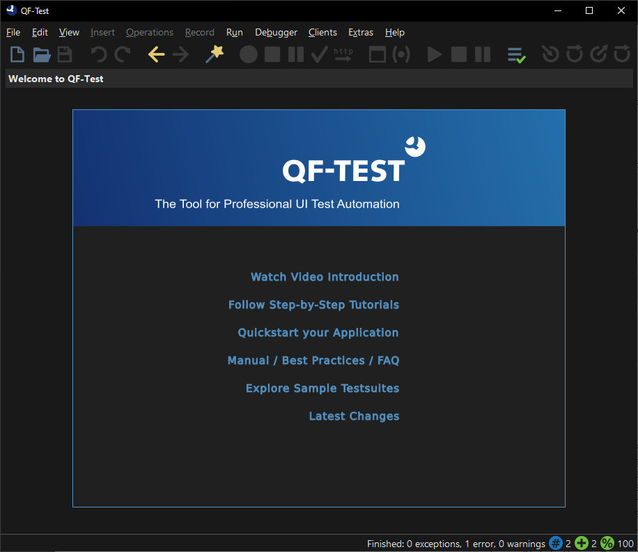QF-Test Test automation Welcome screen in dark mode