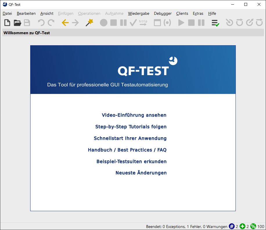 QF-Test Testautomatisierung Willkommensfenster